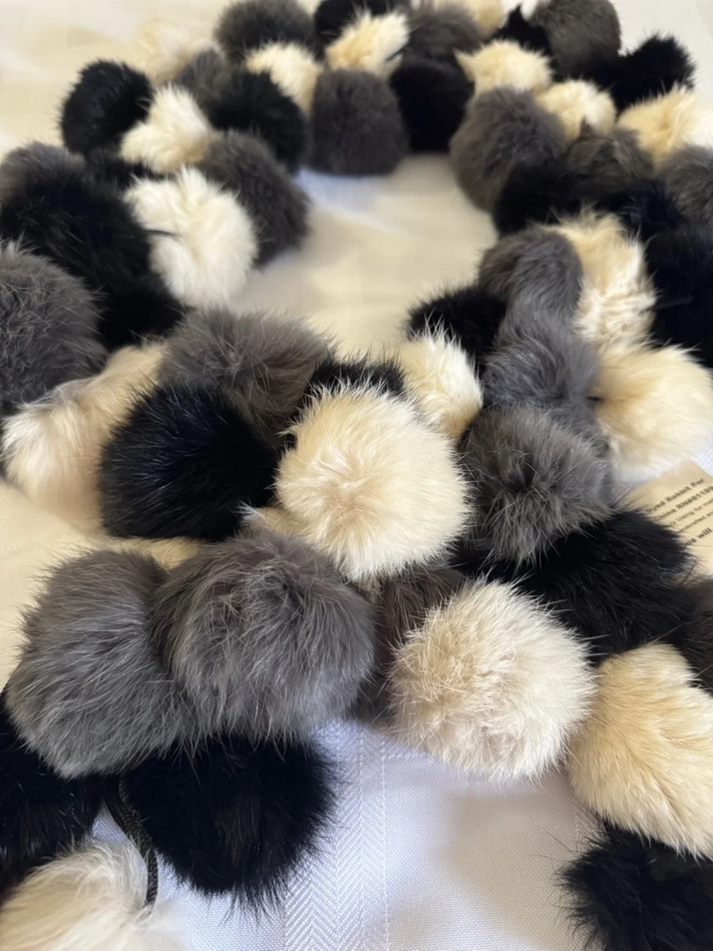 Genuine Fur Pom-Pom Scarf — Black, Gray & Cream